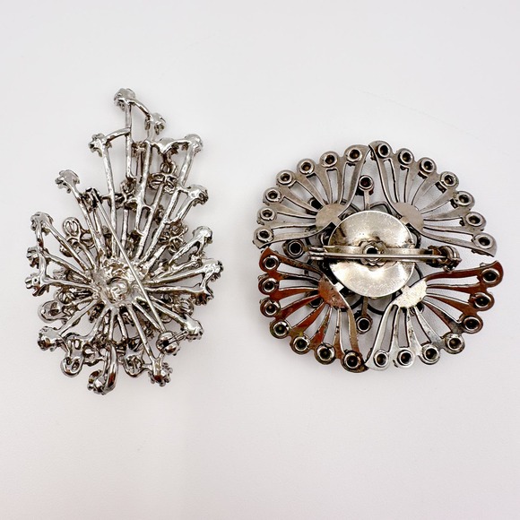 Vintage Atomic Starburst Brooch Pair Clr Rhinestone vs Aurora Borealis '50s '60s - Picture 8 of 12